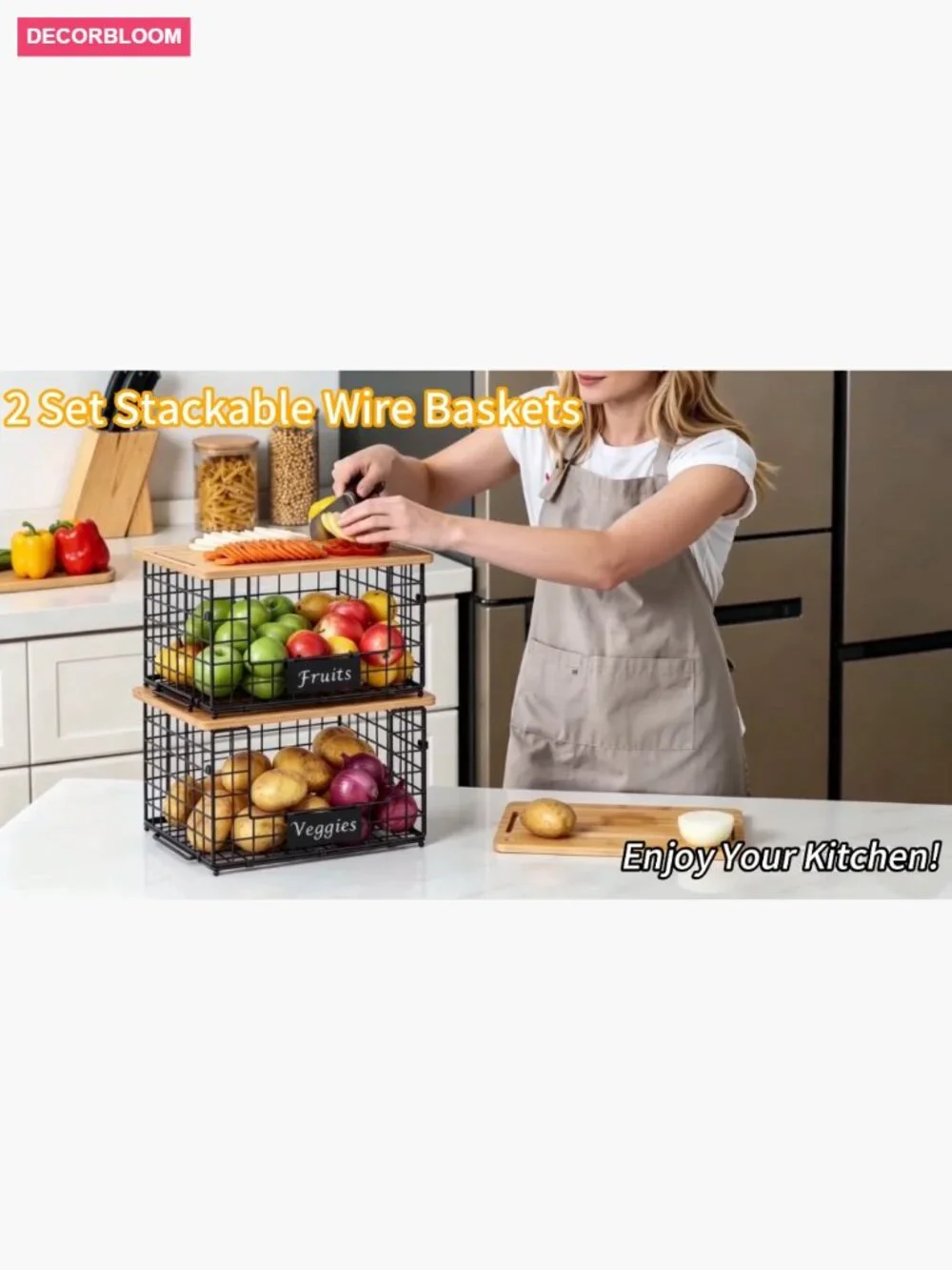 2-Pack Stackable Wire Baskets with Bamboo Top - Kitchen Storage Organizers